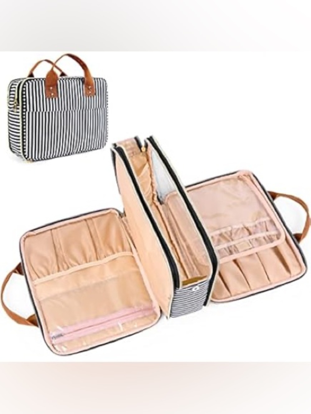 Striped Black & White Cosmetic/Toiletries Organizer Bag with Blush Interior